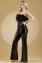 Black Strapless/Sleeveless Feather Top Sequin Jumpsuit