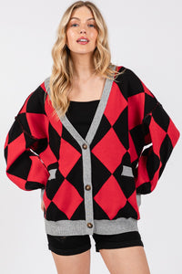 Red/Black Argyle Print Cardigan Sweater - Main Image