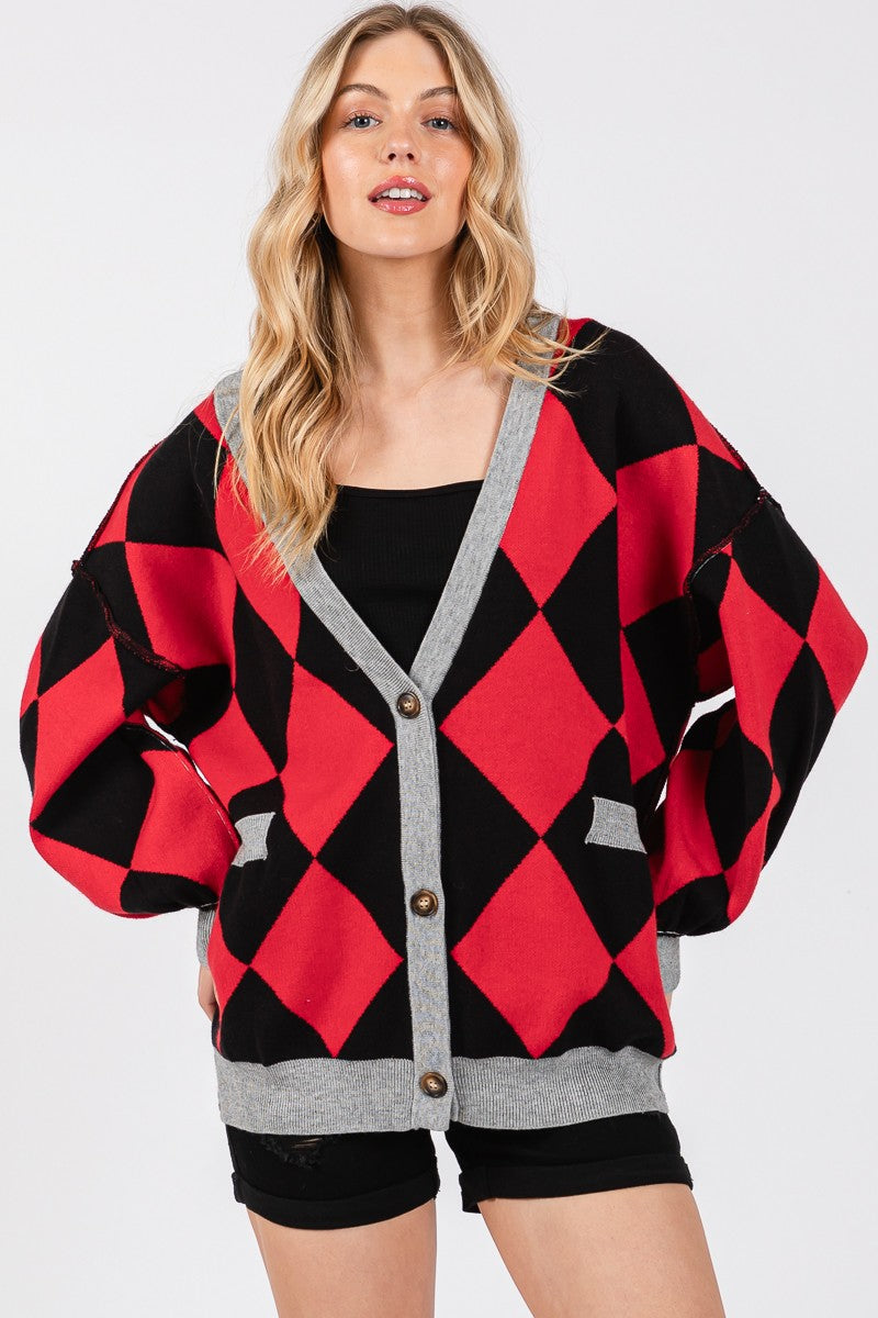 Red/Black Argyle Print Cardigan Sweater – Aquarius Brand Red/Black Argyle Print Cardigan Sweater – Aquarius Brand