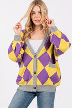 Purple/Yellow Argyle Print Cardigan Sweater