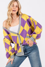 Purple/Yellow Argyle Print Cardigan Sweater