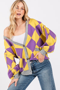 Purple/Yellow Argyle Print Cardigan Sweater