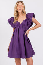 Purple Poplin Ruffle Sleeve Tie Back Dress