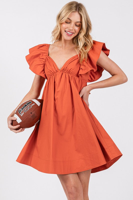 Burnt Orange Poplin Ruffle Sleeve Tie Back Dress Aquarius Brand Burnt Orange Poplin Ruffle Sleeve Tie Back Dress Aquarius Brand