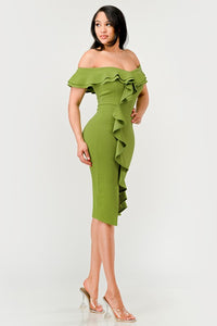 Apple Green Off Shoulder Ruffle Trim Bodycon Dress