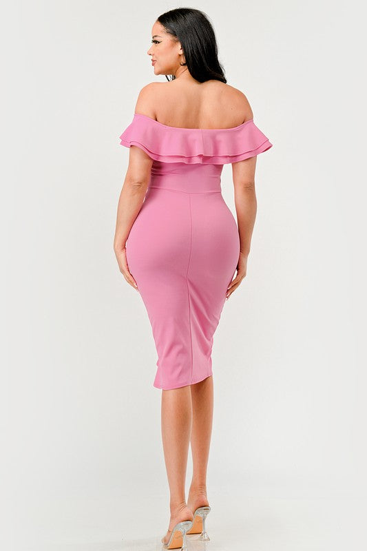 Candy Pink Off Shoulder Ruffle Trim Bodycon Dress Aquarius Brand Candy Pink Off Shoulder Ruffle Trim Bodycon Dress Aquarius Brand