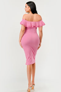 Candy Pink Off Shoulder Ruffle Trim Bodycon Dress