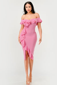 Candy Pink Off Shoulder Ruffle Trim Bodycon Dress