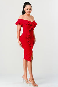 Red Off Shoulder Ruffle Trim Bodycon Dress