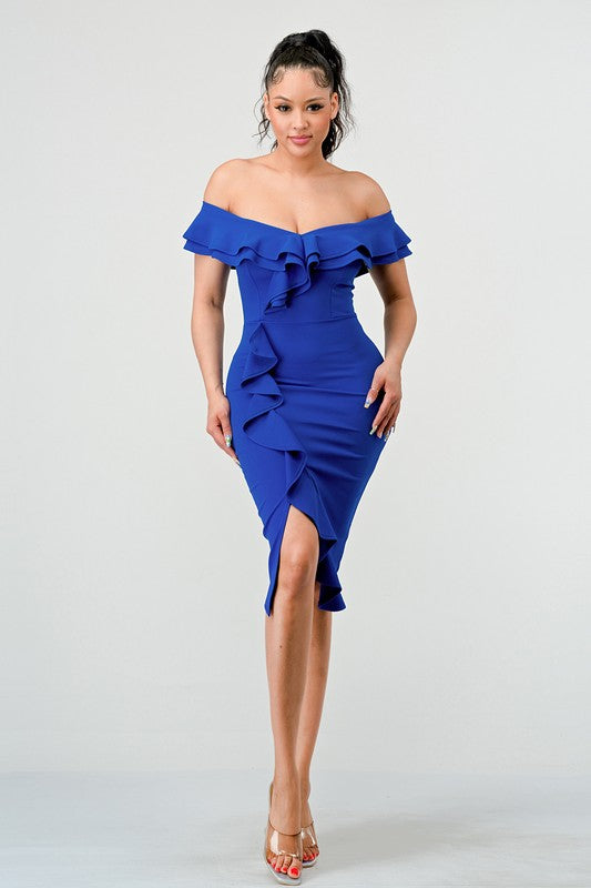 Royalblue Off Shoulder Ruffle Trim Bodycon Dress – Aquarius Brand
