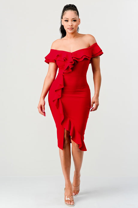 Red Off Shoulder Ruffle Trim Bodycon Dress