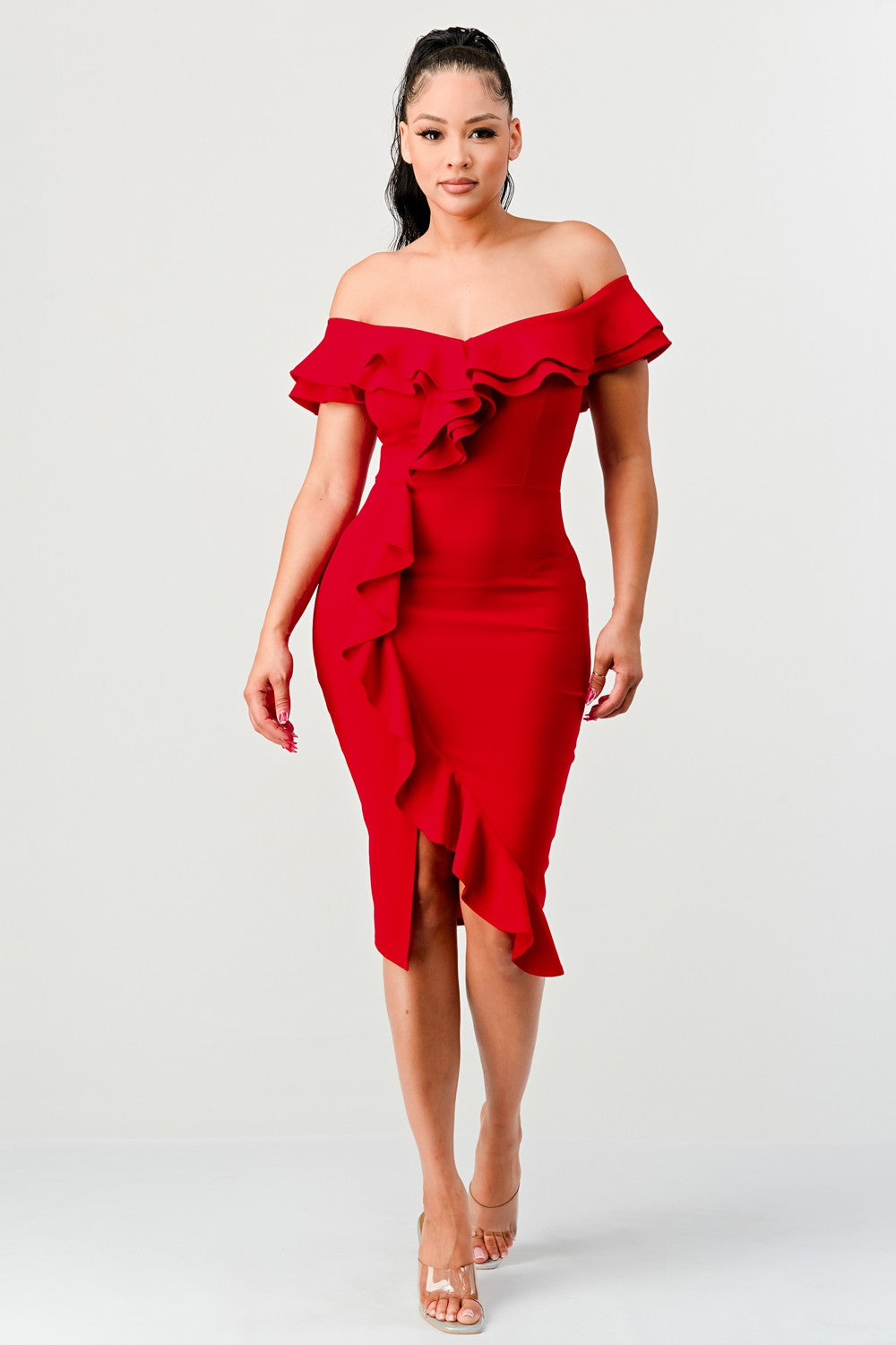 Red Off Shoulder Ruffle Trim Bodycon Dress – Aquarius Brand