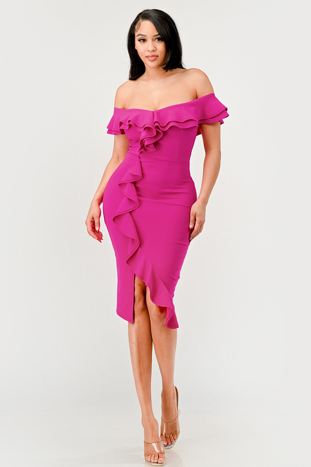 Fuchsia Off Shoulder Ruffle Trim Bodycon Dress Aquarius Brand Fuchsia Off Shoulder Ruffle Trim Bodycon Dress Aquarius Brand