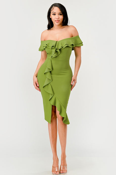 Apple Green Off Shoulder Ruffle Trim Bodycon Dress