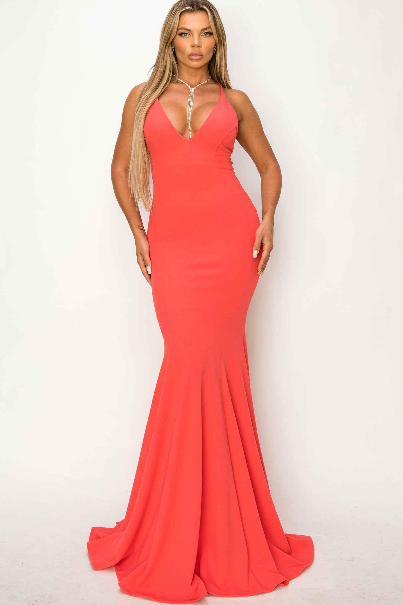 Coral Mermaid Deep V-neck Prom Maxi Dress Aquarius Brand Coral Mermaid Deep V-neck Prom Maxi Dress Aquarius Brand