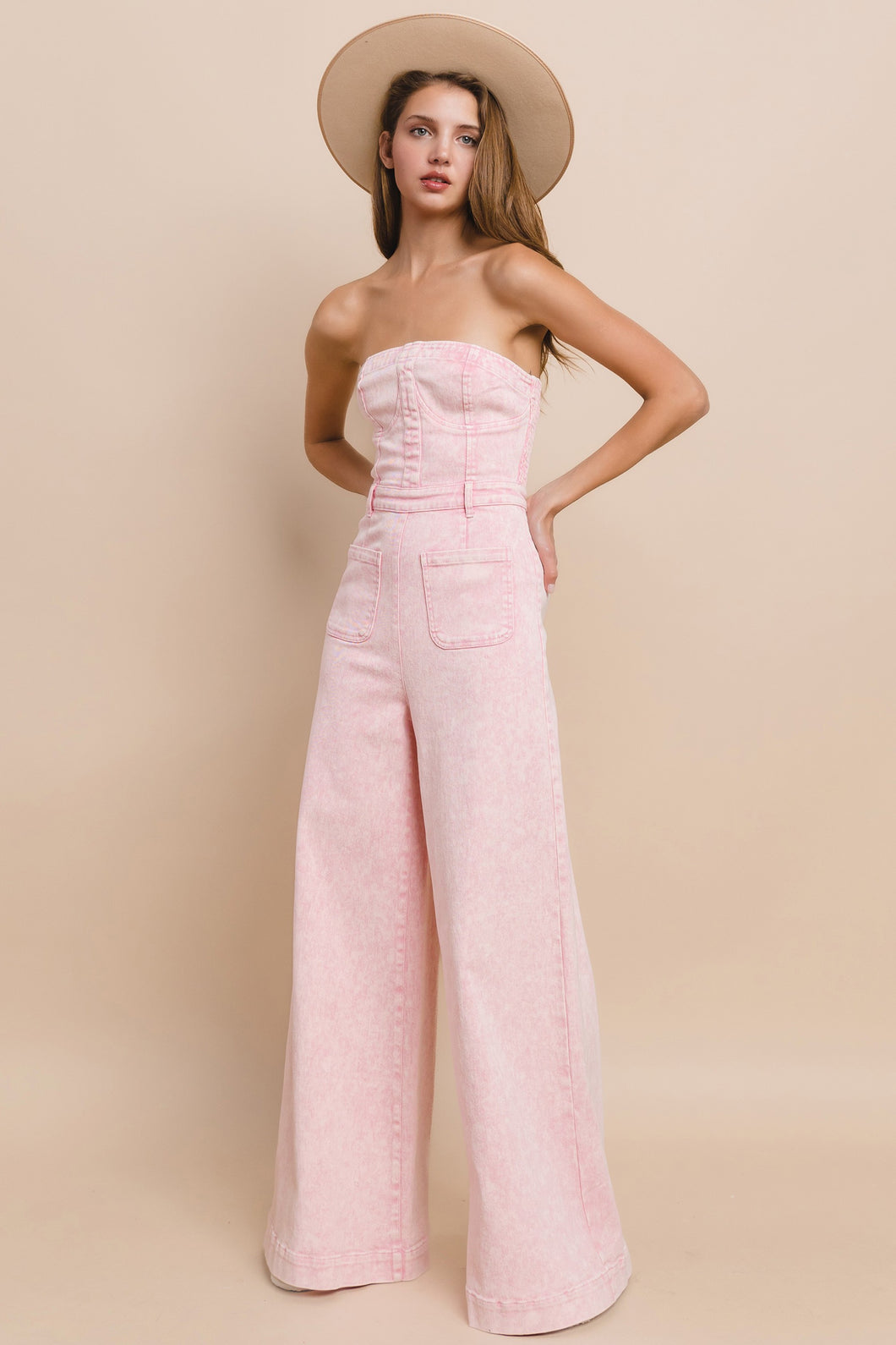 Rose Wide Leg Mineral Wash Tube Top Denim Jumpsuit