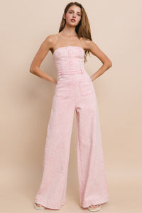 Rose Wide Leg Mineral Wash Tube Top Denim Jumpsuit