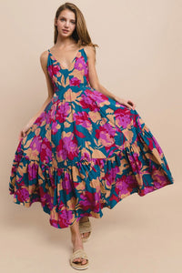 Teal Floral Wide Sweep Midi Dress