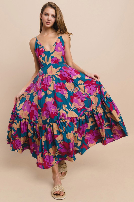 Teal Floral Wide Sweep Midi Dress