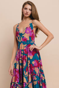 Teal Floral Wide Sweep Midi Dress