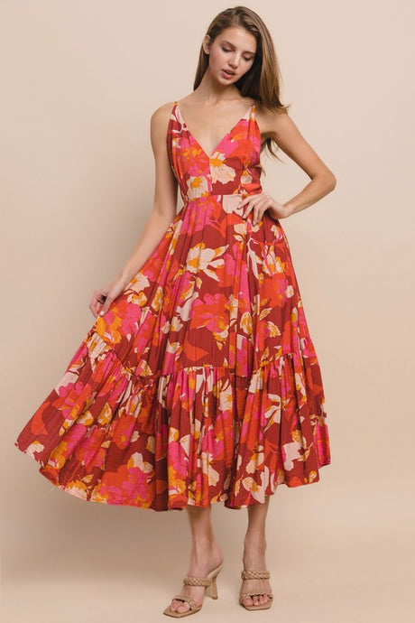 Crimson Floral Wide Sweep Midi Dress