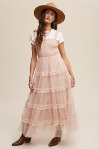 Beige Frilly Ruffle Tiered Mesh Maxi Dress