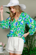 Green Balloon Sleeve Floral Printed Woven Top