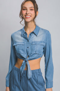 Blue Long Sleeve Cropped Top with Front Tie Design