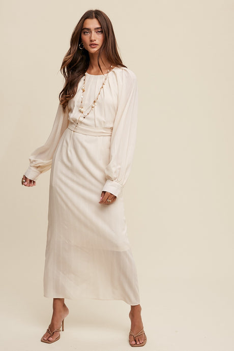 Cream Pleated Round Neck Maxi Dress