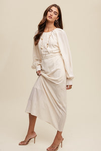 Cream Pleated Round Neck Maxi Dress