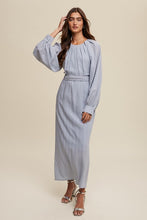 Misty Blue Pleated Round Neck Maxi Dress