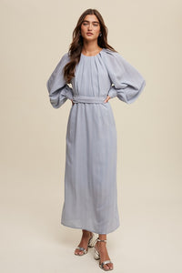 Misty Blue Pleated Round Neck Maxi Dress