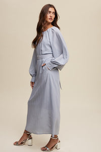 Misty Blue Pleated Round Neck Maxi Dress