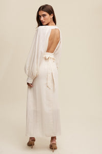 Cream Pleated Round Neck Maxi Dress