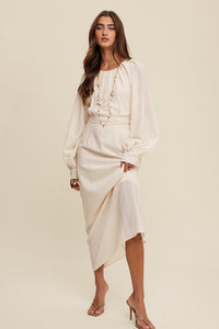 Cream Pleated Round Neck Maxi Dress