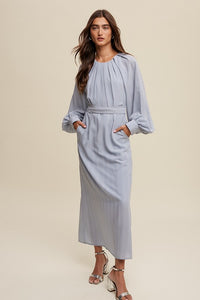 Misty Blue Pleated Round Neck Maxi Dress