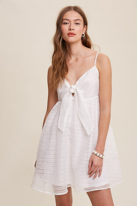 White Ribbon Bow Tie Woven Mini Dress