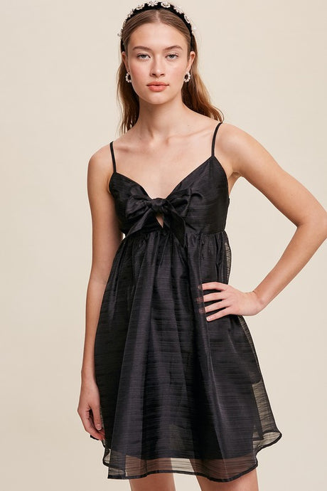 Black Ribbon Bow Tie Woven Mini Dress