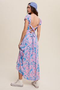 Blue Floral Smock Cross Back Puff Sleeve Maxi dress