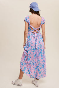 Blue Floral Smock Cross Back Puff Sleeve Maxi dress