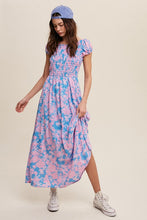 Blue Floral Smock Cross Back Puff Sleeve Maxi dress