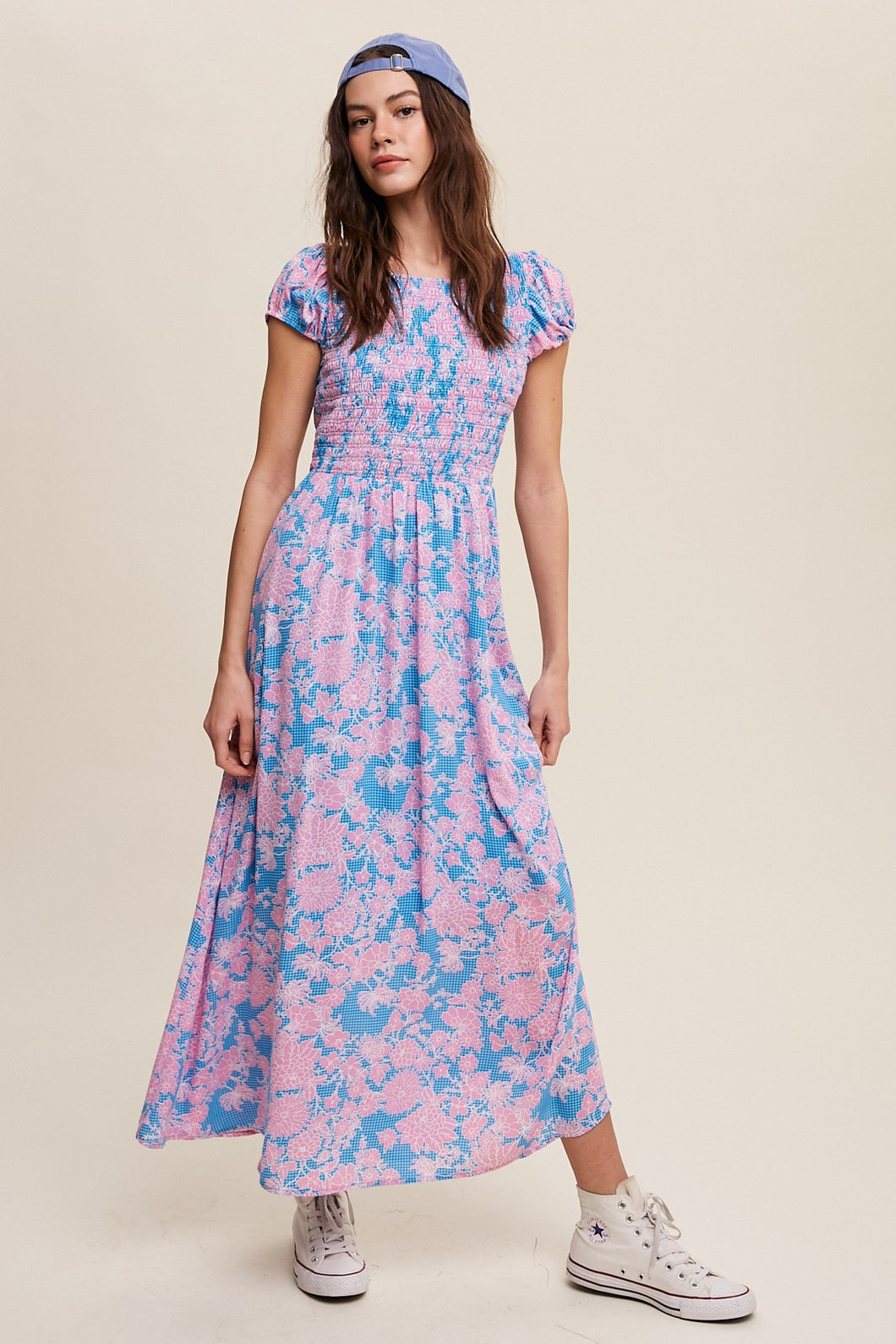 Blue Floral Smock Cross Back Puff Sleeve Maxi dress