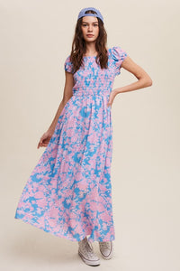 Blue Floral Smock Cross Back Puff Sleeve Maxi dress