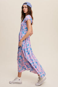 Blue Floral Smock Cross Back Puff Sleeve Maxi dress