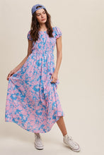 Blue Floral Smock Cross Back Puff Sleeve Maxi dress