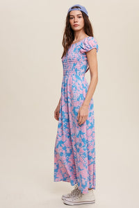 Blue Floral Smock Cross Back Puff Sleeve Maxi dress