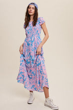 Blue Floral Smock Cross Back Puff Sleeve Maxi dress