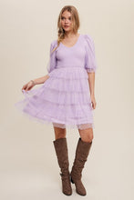 Lavender Tiered Ruffle Smocked V-neck Polka Dot Mesh Dress