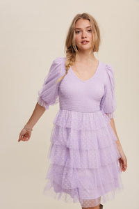 Lavender Tiered Ruffle Smocked V-neck Polka Dot Mesh Dress