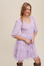 Lavender Tiered Ruffle Smocked V-neck Polka Dot Mesh Dress